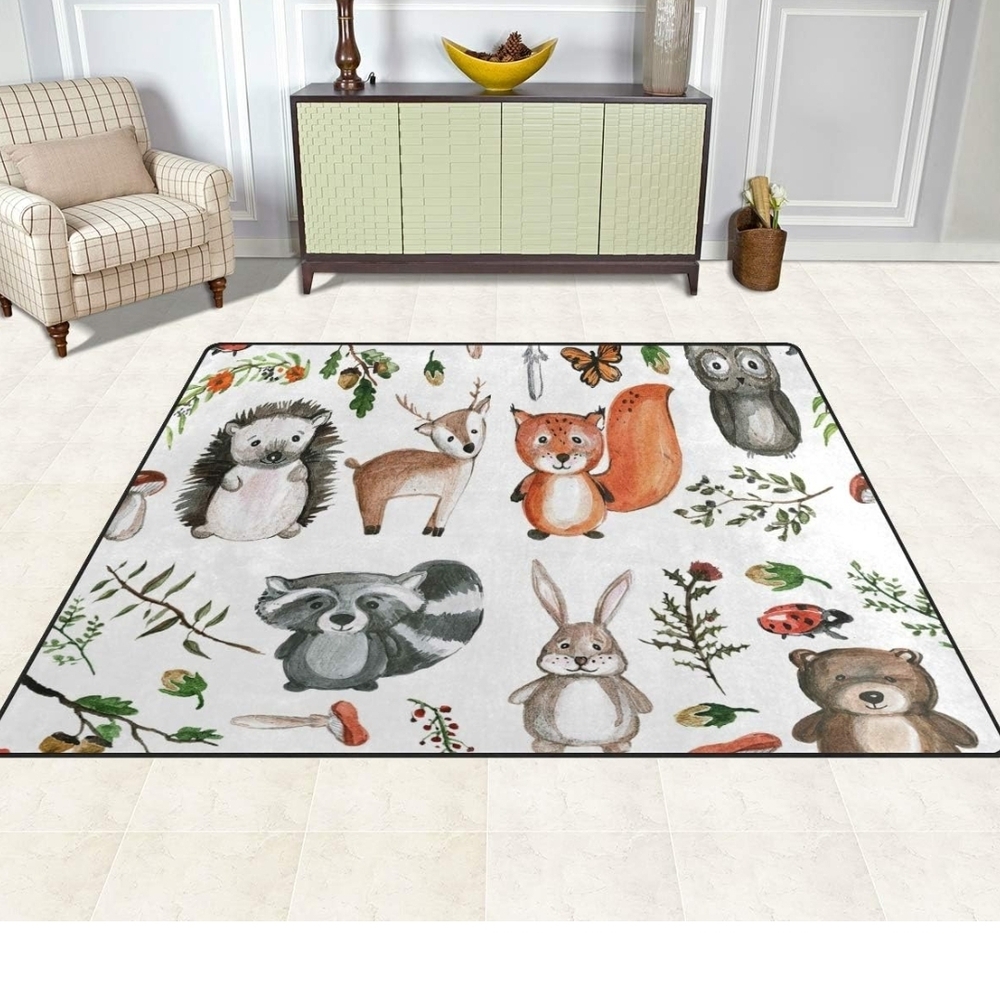 Cute Woodland Animals Play Mat Rug - White with Multicolor Forest Characters